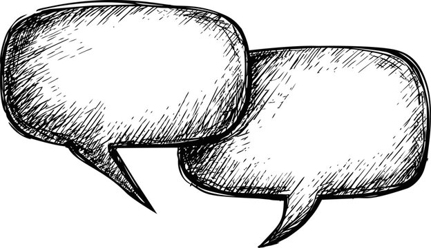 Sketch of two overlapping speech bubbles in black and white, conversation concept