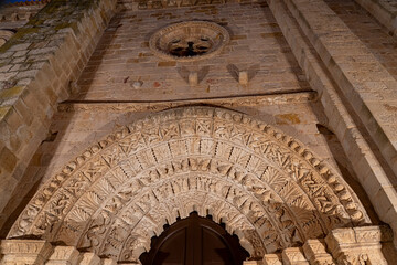 Highlights of intricate stonework at the entrance of a historic church in Zamora, Castilla y Leon,...