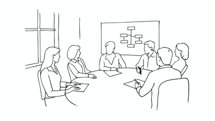 Line drawing of business meeting with six people around a table and a chart on the wall shown behind