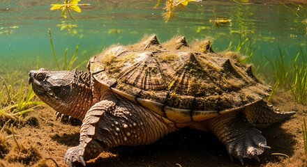 Ancient Alligator Snapping Turtle in the Depths: A captivating look at an ancient alligator snapping turtle, a prehistoric creature, submerged in a clear body of water.
