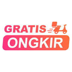Bright promotional graphic displaying 'Gratis Ongkir' with a scooter image, emphasizing free delivery. Ideal for advertising campaigns or applications requiring creative, eye-catching promotional mate