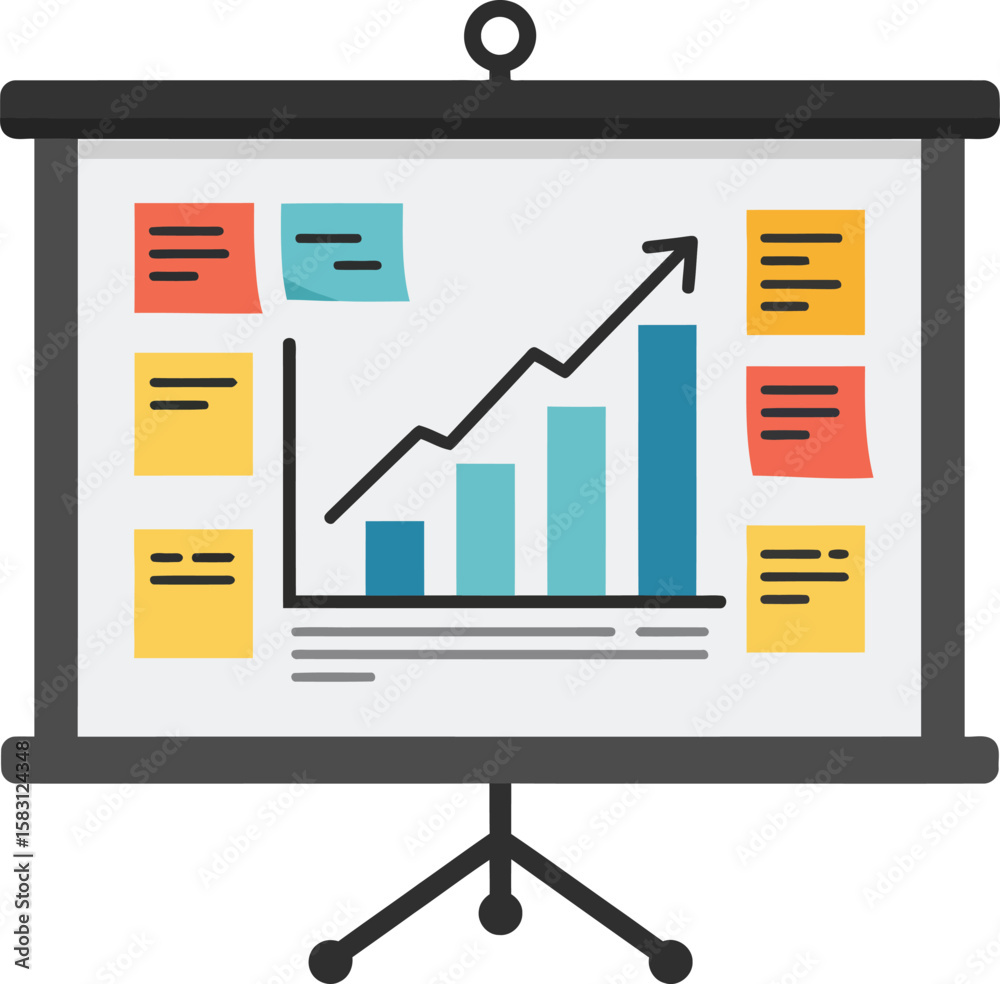Poster a presentation screen displays a rising graph with sticky notes, indicating progress and data.