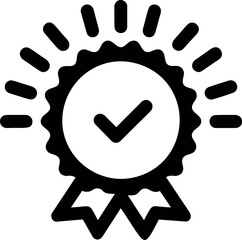 Black and white badge with check mark and rays indicating approval