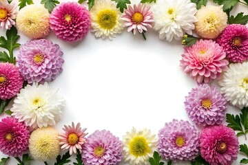 Colorful floral frame arrangement of dahlia flowers on a white background