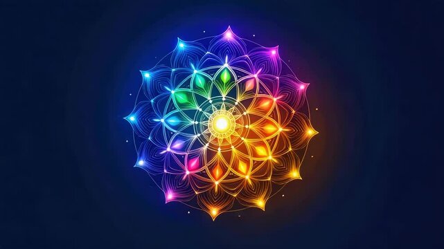 Colorful glowing mandala with intricate geometric pattern and soft pulsing light dark background creating vibrant abstract symmetry full of radiant