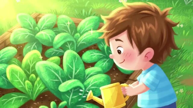 Boy watering vegetable garden with small can, cartoon pastel look