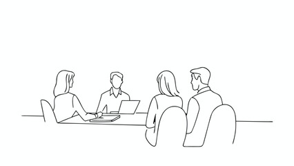 A group of people sitting at a table in a meeting with a laptop and notebook in black and white