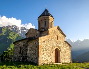Fototapeta premium Stone church nestled in a valley, mountain backdrop