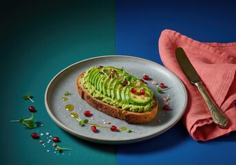  Vibrant and Dramatic Avocado Toast with Microgreens on a Jewel-Toned Background for Social Media