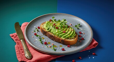  Vibrant and Dramatic Avocado Toast with Microgreens on a Jewel-Toned Background for Social Media
