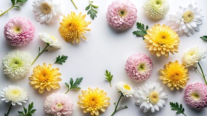 Floral Arrangement of Chrysanthemums in Pink, Yellow, and White Colors on White