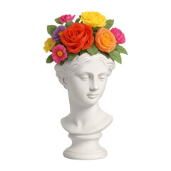 PNG Classical bust adorned with flowers.
