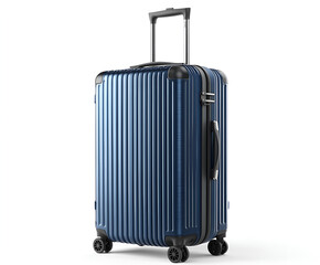A stylish blue rolling suitcase, featuring a retractable handle, prepared for travel and adventures.