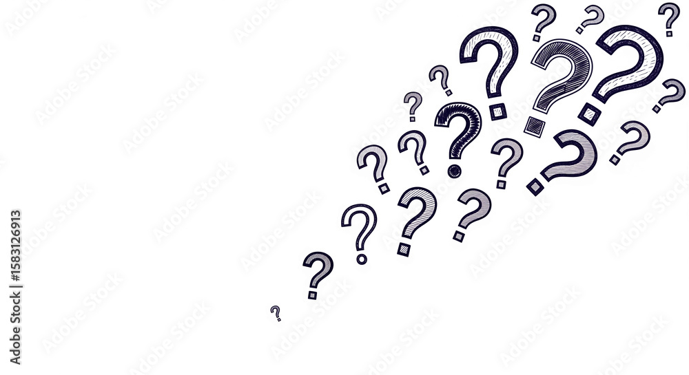 Fototapete hand-drawn question marks scattered on white background, creating dynamic, inquisitive design, suita