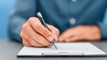 Fototapeta premium Person writes with a pen on a notepad while sitting at a desk during daylight hours.