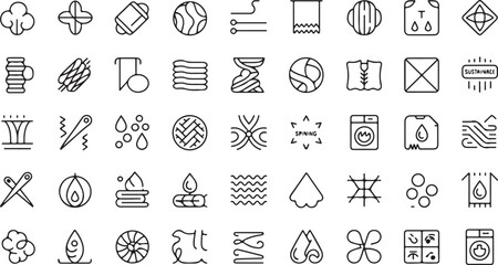 Textile Manufacturing Process Icons Set Black Line Art Style Fabric Production Symbols Collection Cotton Yarn