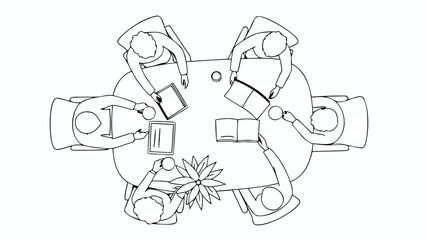 Overhead view of six people sitting around a table with books and coffee cups in a meeting setting