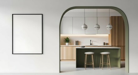 Modern kitchen interior with archway, blank framed art, and bar stools.