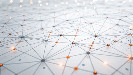 Abstract network of glowing orange nodes connected by thin gray lines on a white surface