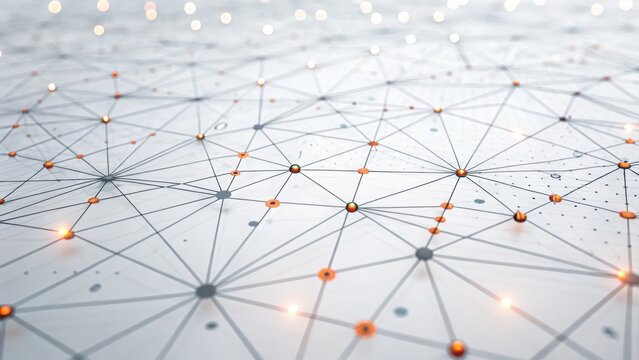 Abstract network of glowing orange nodes connected by thin gray lines on a white surface