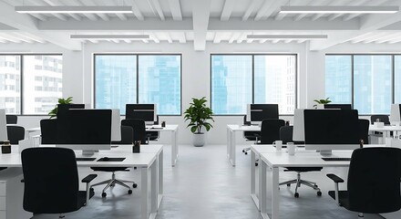 Bright, modern office space with multiple desks, chairs, computers, and potted plants near large windows.