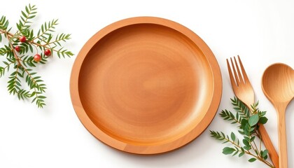 Wooden Plate, Fork, and Spoon with Decorative Greenery on a White Background