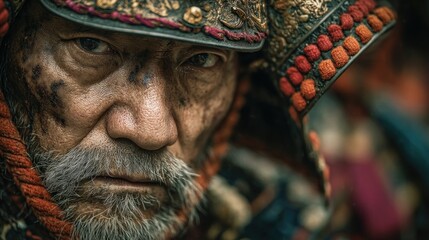Close-up portrait of a samurai warrior with weathered face and battle armor