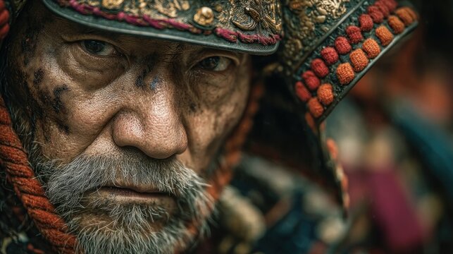 Close-up portrait of a samurai warrior with weathered face and battle armor