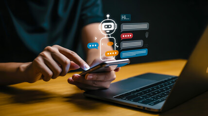 Person interacting with chatbot on smartphone artificial intelligence