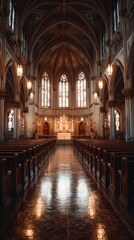 Fototapeta premium Gothic cathedral interior with stained glass windows and wooden pews