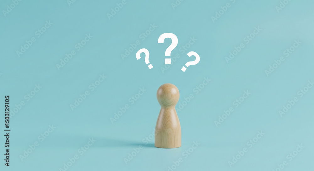 Fototapete wooden figure on light-blue background with question marks above, symbolizing uncertainty, decision-