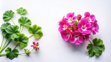 Elegant arrangement of pink geraniums and green leaves on a white background