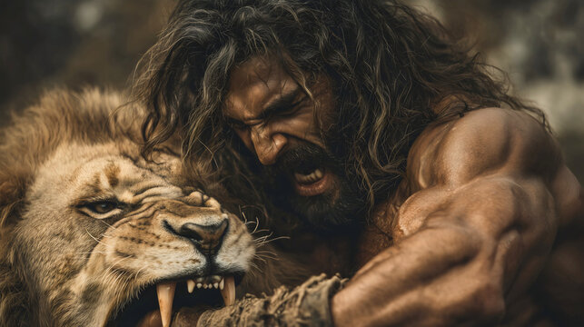 Biblical hero Samson fighting a lion, Old Testament story of divine strength and power, epic man vs beast battle of courage and victory, a strong Nazarite warrior with long hair.

