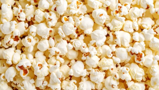 Large fluffy pile of white popcorn with golden browned kernels filling entire frame in crisp detailed food texture concept