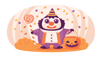 Fototapeta premium Cartoon clown character in halloween costume holding a lollipop and pumpkin bucket with candy all around him