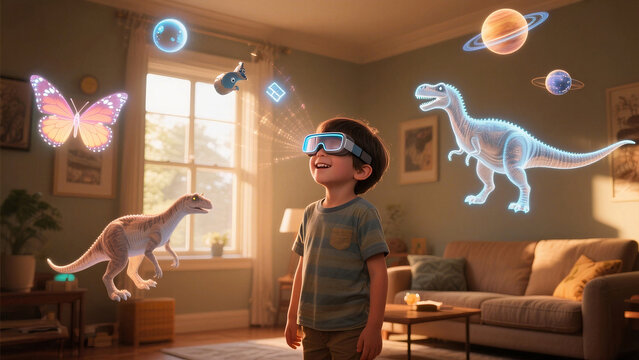 Excited boy explores holographic dinosaurs, planets, and butterflies using AR glasses in his living room. Concept of immersive learning, future education, and child imagination. - Powered by Adobe