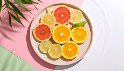 Colorful citrus slices arranged on a plate, with a backdrop of pastel colors and a tropical leaf