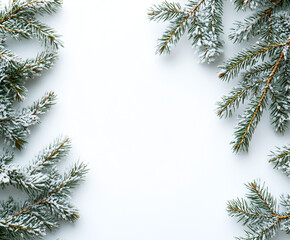 Obraz premium Snowy evergreen branches frame a bright white background, creating a wintery, festive border or backdrop.