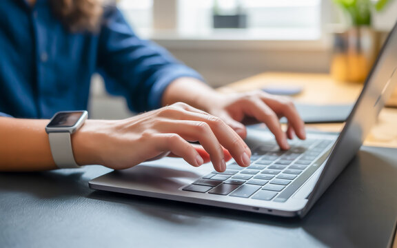 Person typing on laptop with smartwatch keyboard