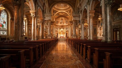 Obraz premium Majestic interior of ornate catholic cathedral with marble columns and stained glass
