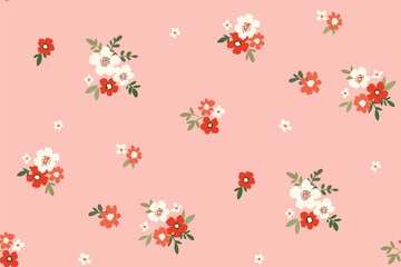 Seamless floral pattern, liberty ditsy print of mini pretty flowers on pink. Cute botanical design in country motif, small hand drawn buds, tiny leaves, simple romantic bouquets. Vector illustration.