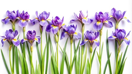 Beautiful Purple Iris Flowers with Green Stems Arranged on White Background