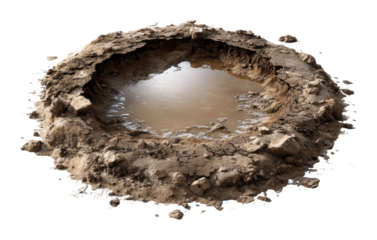 Water-puddle formation in a muddy pit top view. Isolated on transparent background, png.