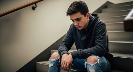 Upset teenager on stairs indoors after being bullied by classmates. Bullying at school