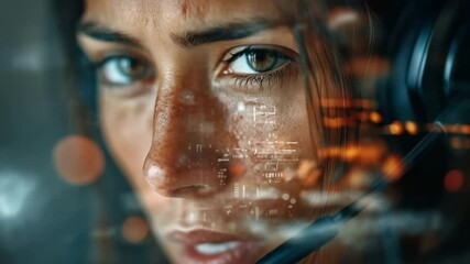 At the call centre, a listening agent with a digital overlay is handling calls while wearing a headset. - Powered by Adobe