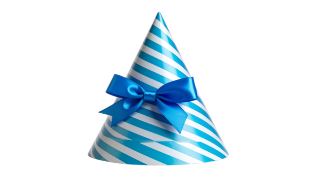 Colorful striped party hat with blue ribbon bow for festive celebrations and joyful occasions isolated on solid white background in Png format