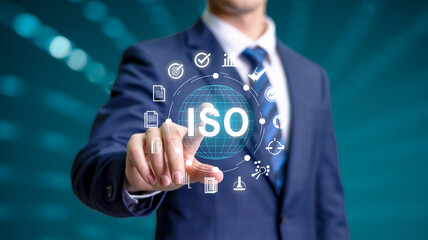 Professional touching digital globe with I S O business