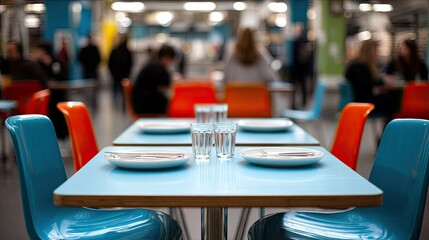 Tables with colorful chairs in a busy cafe.