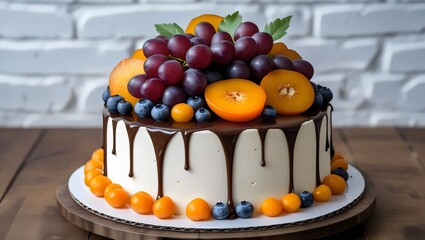 Gourmet Fruit Drip Cake: Elegant Dessert with Grapes, Blueberries & Kumquats