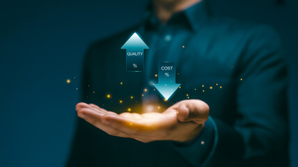 Quality up cost down arrows business finance